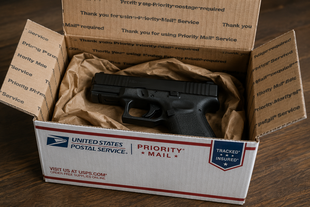 Glock pistol securely packaged in a UPS shipping box — Gunbaze handling