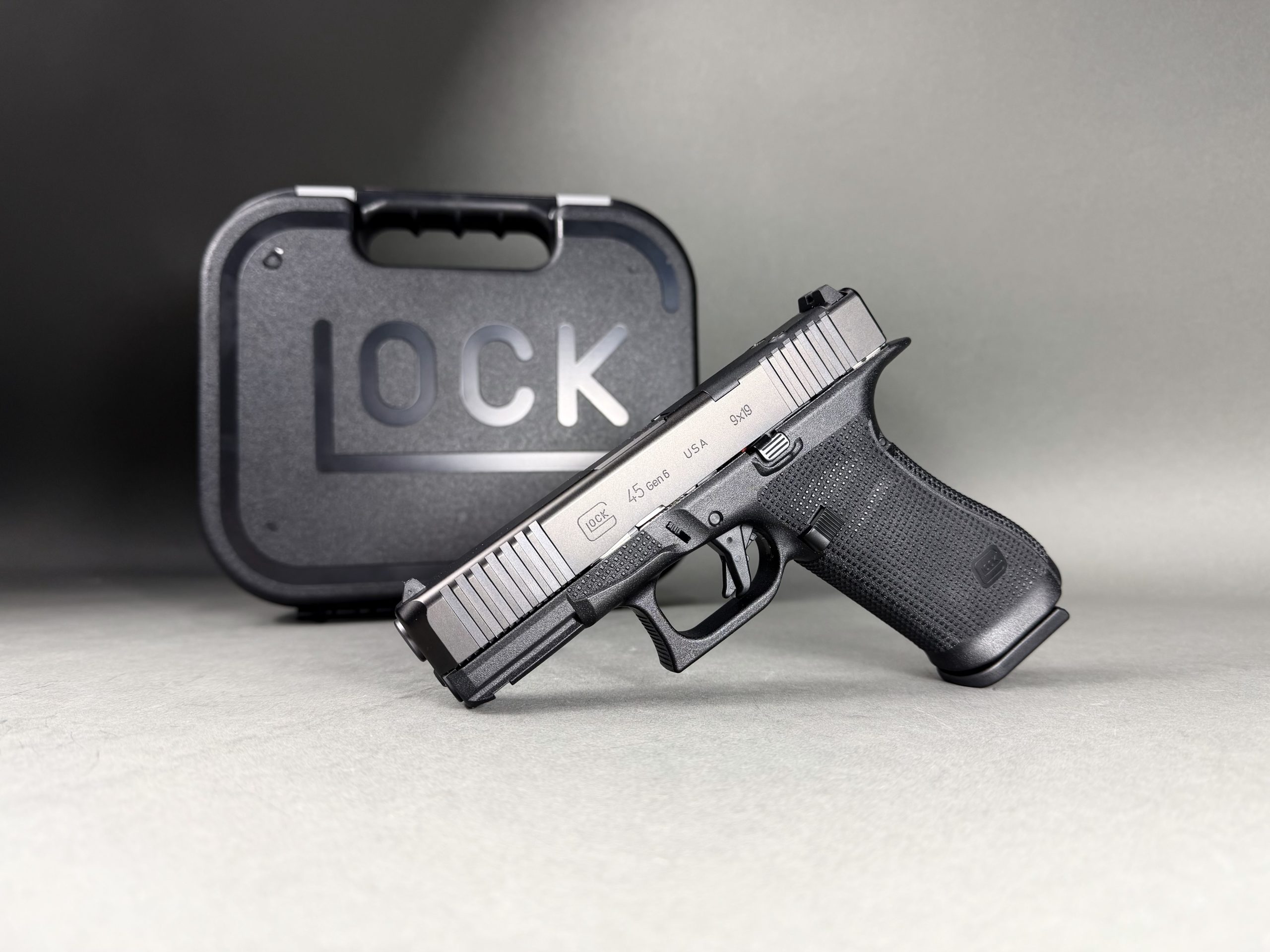 Glock 45 Gen6 9mm crossover pistol profile showing RTF6 grip texture